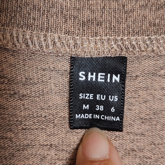 SHEIN Heather Tan Tie Front Relaxed Open Shoulder Short Sleeve Knit Top - Picture 4 of 5